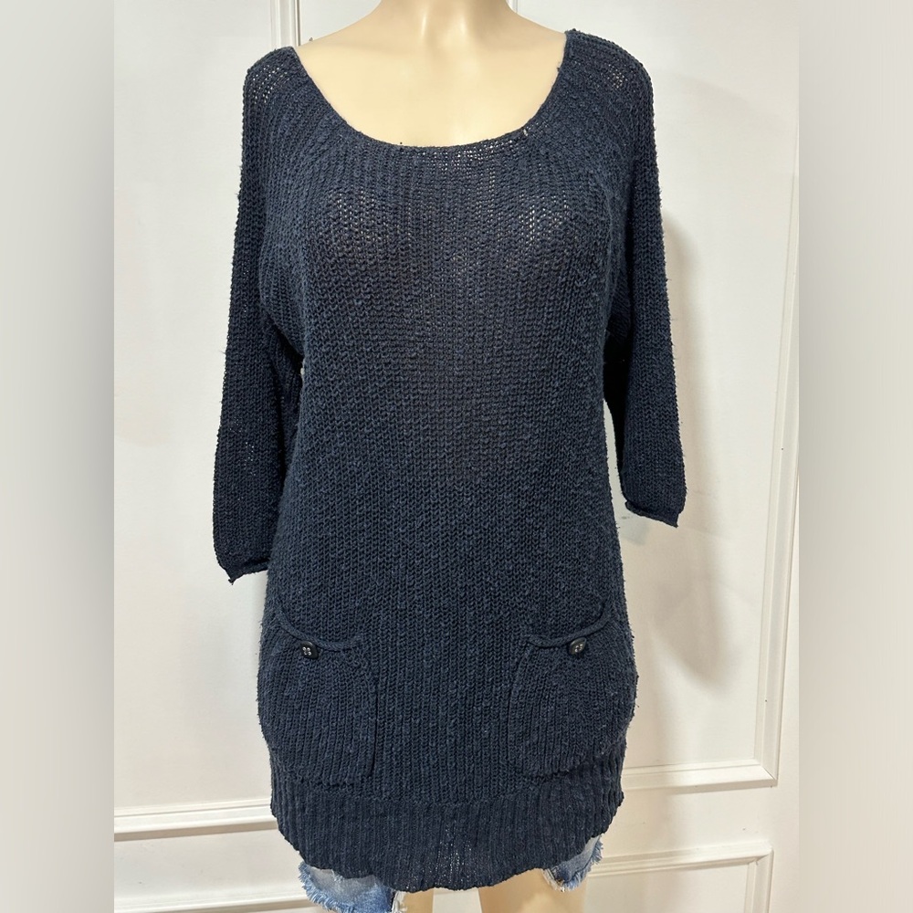 FREE PEOPLE Tunic Sweater Navy Blue Loose Knit Scoop Neck 3/4 Sleeve Pockets